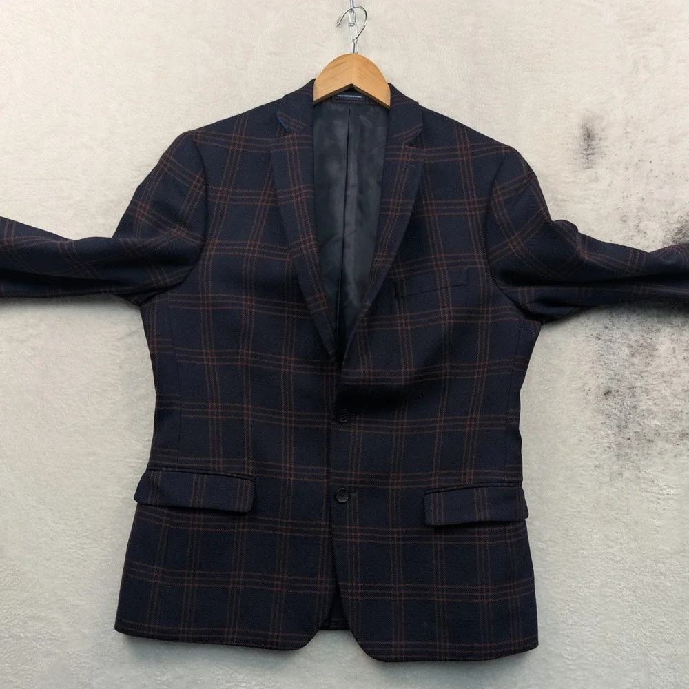 Stafford Blazer Men's 44R Navy Blue Rust Plaid Wool Slim Fit Business Windowpane